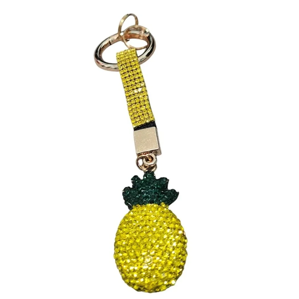 Rhinestone Pineapple Keychain Bag Charm Gold Tone Metal Crystal Tropical Bling